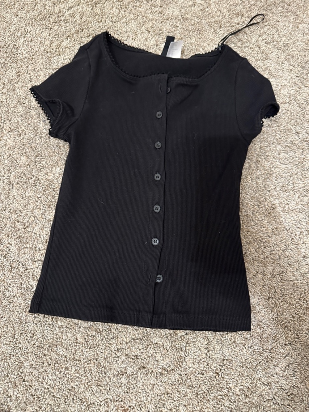 Black Button-Front Ribbed Short Sleeve Top